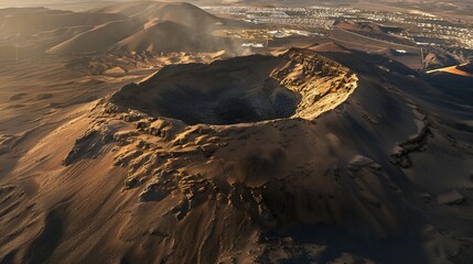 Aerial view of Calderon Hondo crater a volcano in Timanfaya National Park with a small town in background Fuerteventura Island Canary Islands Spain : Generative AI - obrazy, fototapety, plakaty
