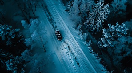 Aerial view of a car driving by night on the snowy road in the forest of Metsajarve in Estonia : Generative AI