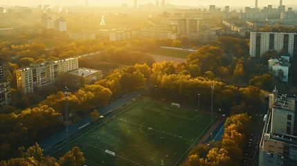 Foto op Canvas Aerial view of football field in autumn colours at sunrise Moscow Russia : Generative AI © Generative AI
