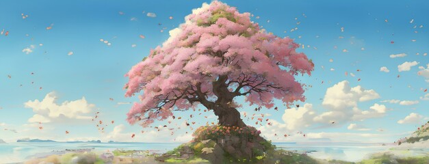 大きな木、春の風景、桜の花びら、青空と雲、イラスト素材、背景｜Big tree, spring landscape, cherry blossom petals, blue sky and clouds, illustration material, background. Generative AI
