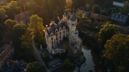 Aerial view of Ooidonk castle during sunset situated near Gent Belgium : Generative AI - obrazy, fototapety, plakaty