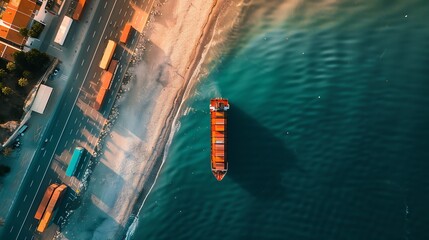 Fototapeta na wymiar Aerial view of a container ship along the Mediterranean Sea coast in Fuengirola Malaga Spain : Generative AI
