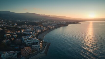 Aerial view of Marbella a small city along the Mediterranean Sea coastline at sunset Malaga province Andalusia Spain : Generative AI