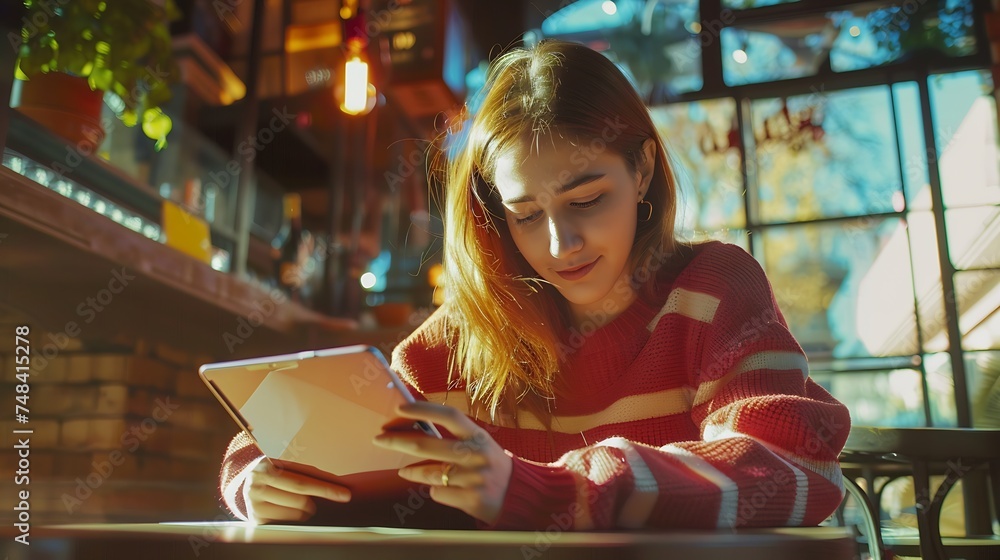 Poster Happy student studying and learning taking notes with a digital tablet in a coffee shop : Generative AI
