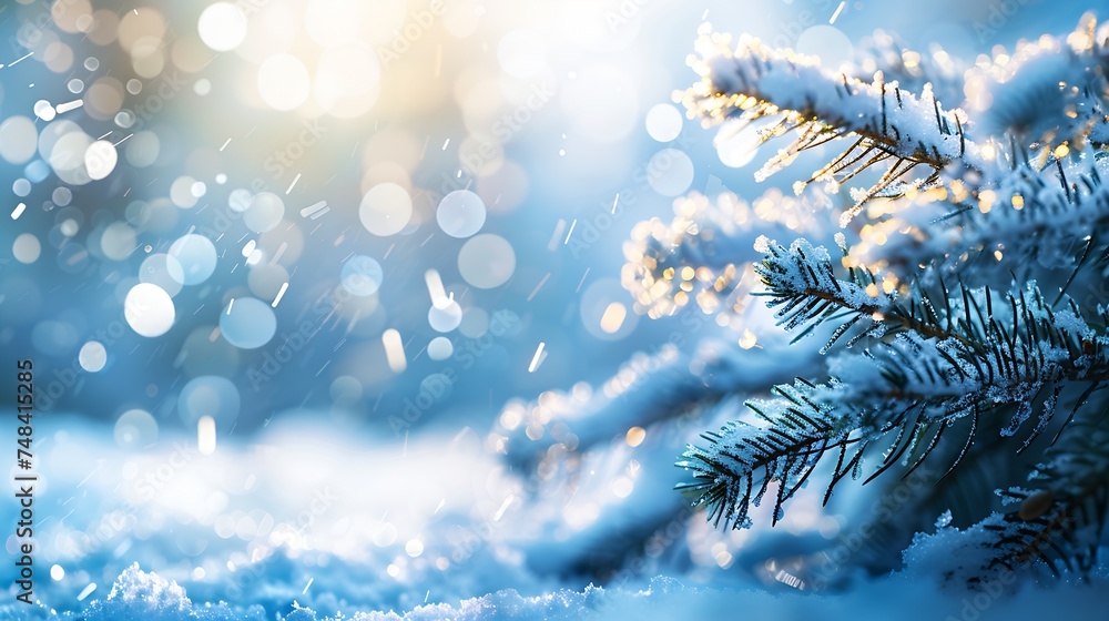 Fototapete christmas winter snow background with fir branches macro with soft focus and snowfall in blue tones 