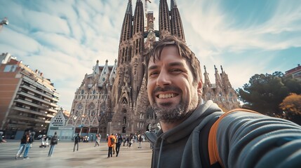 Happy tourist visiting La Sagrada Familia Barcelona Spain Smiling man taking a selfie outdoor on city street Tourism and vacations concept : Generative AI - obrazy, fototapety, plakaty