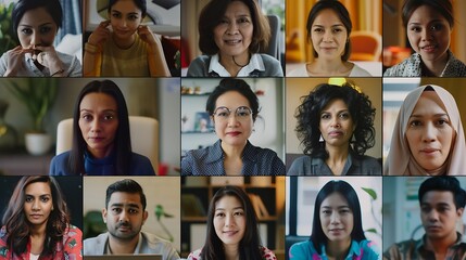 Webcam laptop screen view many faces of diverse people involved in group videoconference online meeting lead by indian businesswoman leader team using video call app work solve common  : Generative AI