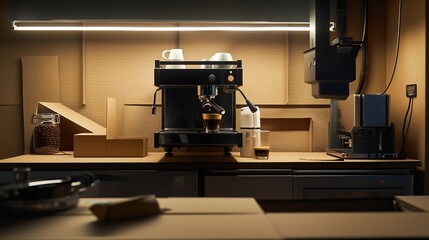 Barista making coffee in a coffee machine in a cardboard : Generative AI - obrazy, fototapety, plakaty