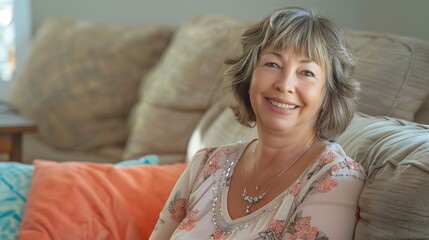 Naklejka premium Head shot close up portrait happy healthy middle aged woman sitting on comfortable couch at home Smiling pleasant 50s elderly mother looking at camera posing for photo in modern living : Generative AI