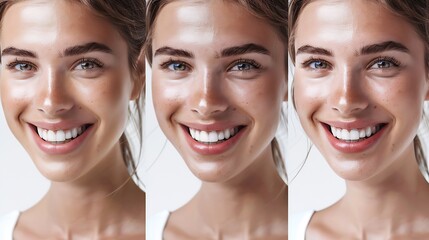 Collage with photos of woman with diastema between upper front teeth before and after treatment on white background closeup Banner design : Generative AI