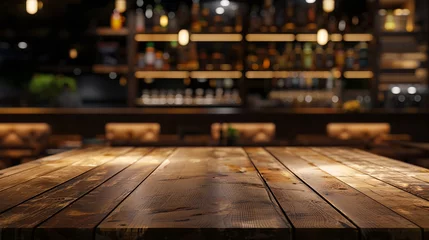  Empty real wood table top with light reflection on scene at restaurant pub or bar at night Blurred background for product display or montage your products with several concept idea and : Generative AI © Generative AI