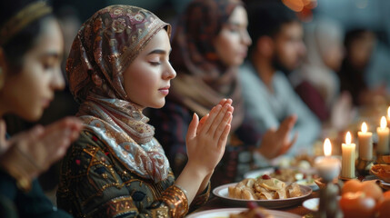 As the meal came to an end the table was cleared and everyone joined together in prayer. The spirit of Eid alAdha marked by faith generosity and gratitude permeated throughout - obrazy, fototapety, plakaty