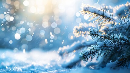 Christmas winter snow background with fir branches macro with soft focus and snowfall in blue tones with beautiful bokeh in sunny day copy space : Generative AI - obrazy, fototapety, plakaty