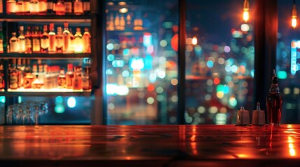 Background image of a wooden bar counter by the window in a pub in front of abstract blurred lights of the night city : Generative AI