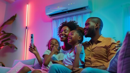 Happy african family relax on sofa under air conditioner black mom holding remote control switch on conditioning in living room adjust comfort temperature for daughter climate system a : Generative AI