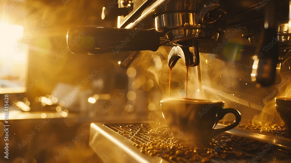 Poster barista making coffee from espresso machine : generative ai