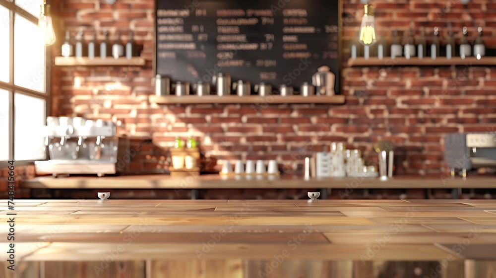 Poster 3d render of cafe bar restaurant nobody indoor empty coffee shop interior daytime with wooden design