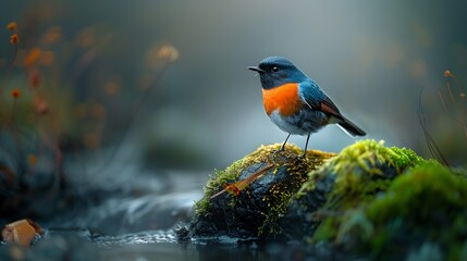 Beautiful male of Plumbeous Redstart the ball blue bird standing on the mossy rock in the stream : Generative AI