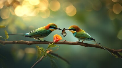Green bird Blue tailed Bee eater eating butterfly on branch : Generative AI - obrazy, fototapety, plakaty