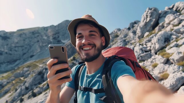 Happy young man with hat and backpack taking a selfie portrait hiking on mountains Pov view of a smiling guy using smart phone mobile : Generative AI
