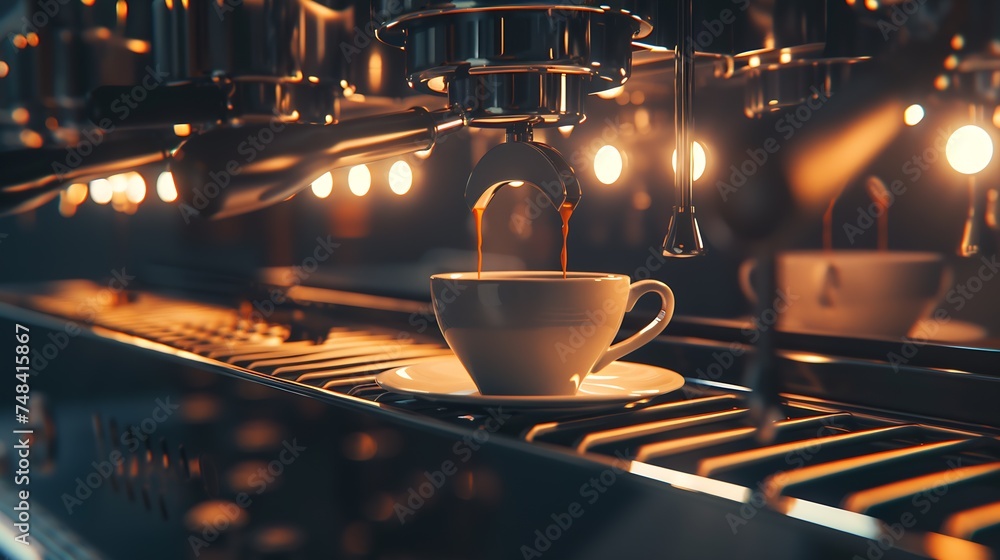 Poster closeup image of the coffee machines that are operating automatical coffee flowing into coffee cup t