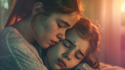 Worried parent young mom comforting depressed crying teen daughter bonding at home Loving understanding mother apologizing or supporting sad teenage girl having psychological puberty p : Generative AI - obrazy, fototapety, plakaty