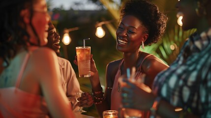 Multiracial group of friends having fun at backyard home party Young people laughing together drinking cocktails at bar restaurant Focus on black woman : Generative AI