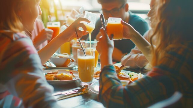 Happy friends having breakfast together at cafe bar Group of young people drinking coffee and fresh juice sitting at brunch restaurant Food and drink concept : Generative AI