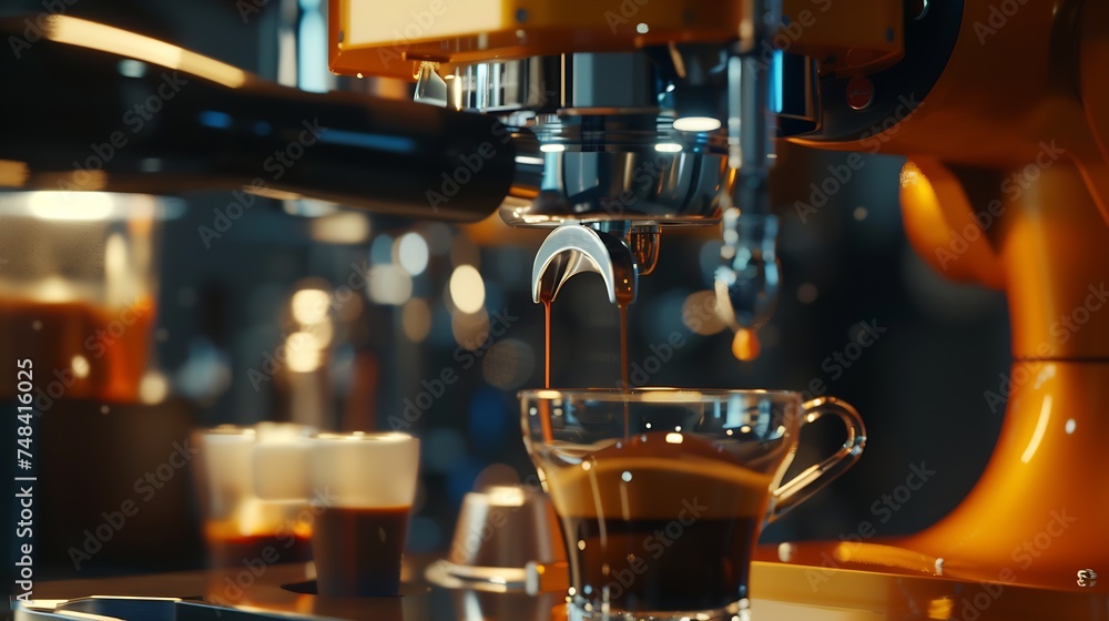 Poster automatic robot arm preparing coffee with coffee machine : generative ai