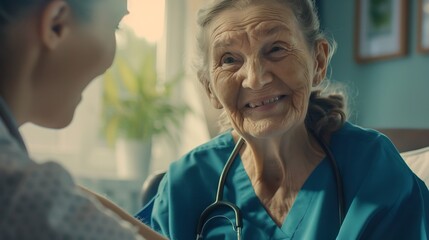 Caring young nurse support assist positive old lady patient at home or hospital smiling female caregiver or doctor give help to optimistic mature senior grandmother elderly healthcare  : Generative AI