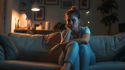 Obraz premium Woman complaining during a blackout sitting on a couch in the living room at home : Generative AI