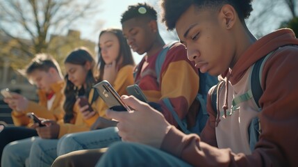 Group of multiracial young people using smart mobile phone device outdoors Happy university students watching cellphones sitting in college campus Teenagers addicted to social media te : Generative AI