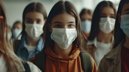 Fototapeta na wymiar Portrait of a group of students covered by face masks New normal lifestyle concept with young people going to school : Generative AI