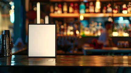 Mock up Menu frame on Table in Bar restaurant cafe with Bartender : Generative AI - obrazy, fototapety, plakaty