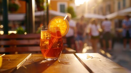 Served cocktail of Aperol spritz with orange slice and straw placed on wooden table of sidewalk cafe in Italy : Generative AI - obrazy, fototapety, plakaty
