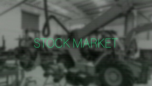 Animation of stock market text and financial data processing over factory
