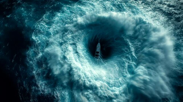 Whirlpool in the sea with little boat. Seamless looping time-lapse 4k video animation background
