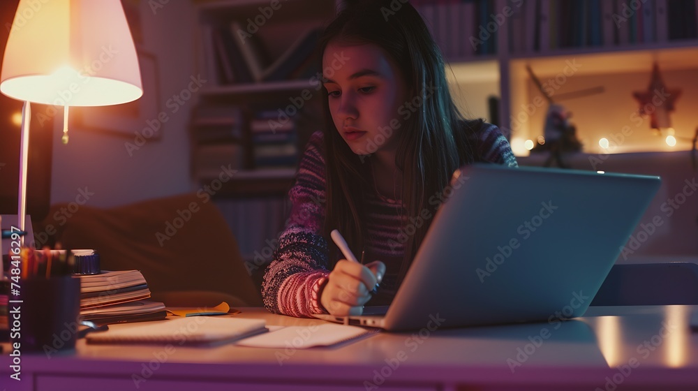Poster Beautiful student studying on line and learning writing notes in a desk at home : Generative AI