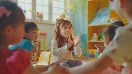 Cute little children with nursery teacher in kindergarten Banner design : Generative AI