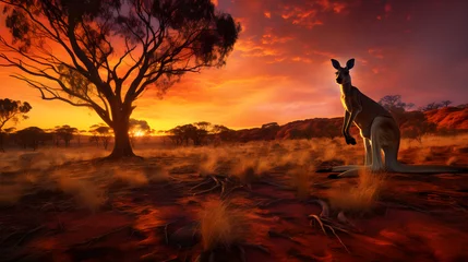 Tuinposter Mid-Hop Kangaroo against Beautiful Australian Outback Sunset: A Breathtaking Snapshot of Natural Wilderness © Katie