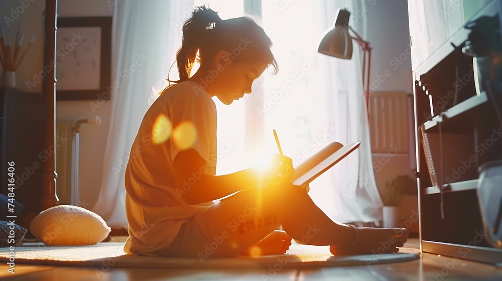 Poster entrepreneur or student working or studying at home and writing notes sitting on the floor at home :