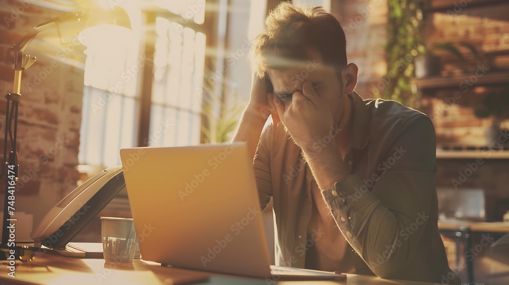 Poster sad and worried entrepreneur working on line with a laptop in an office desk or home : generative ai