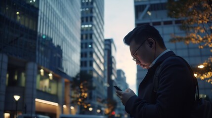 Executive working with a mobile phone in the street with office buildings in the background : Generative AI