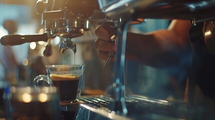 Closeup of Professional Barista making coffee prepare coffee according to orders from customers in the coffee shop at Thailand Selective Focus : Generative AI