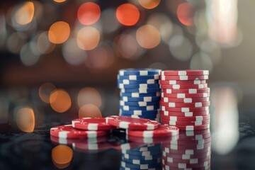 Bokeh Effect: Poker Chips Poster Against Luxury Casino Background. Glamorous Ambiance for High-Stakes Gaming. Perfect for Promoting Casino Nights and Poker Events