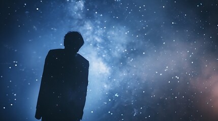 Fototapeta na wymiar Silhouette Man look into space and the Milky way Long exposure photograph : Generative AI
