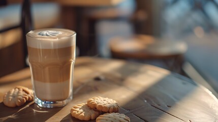 hot creamy milk in coffee is served with cookies hot latte coffee drink in glass with cream milk on wooden table breakfast beverage morning concept : Generative AI - Powered by Adobe