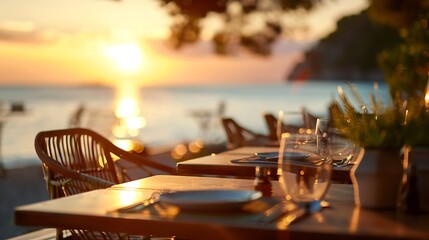 Abstract blurred image of outdoor restaurant terrace on warm summer evening sunset over the sea with bokeh for background Holiday vacation and travel concept : Generative AI