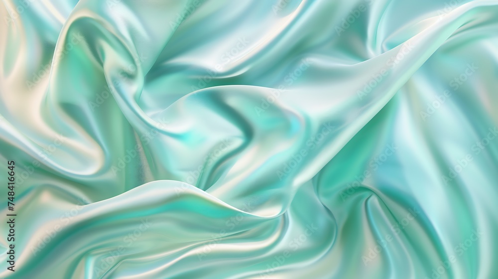 Poster beautiful blue green silk satin background wavy soft folds luxurious silky fabric backdrop with spac
