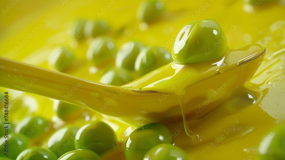 Aufkleber spoon with a slide of green peas on a yellow plate closeup macro fresh tasty green peas on a yellow 
